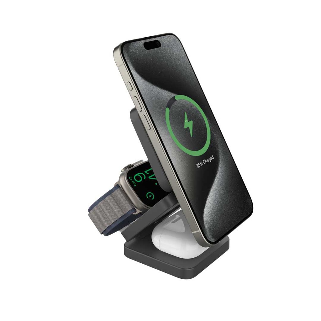 Porodo 15W 3-in-1 MagSafe Folding Fast Charger with RGB Lights Type-C - Black